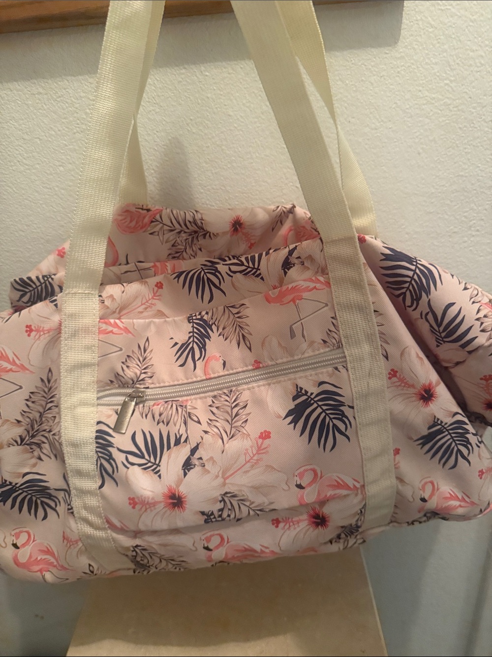 Narwey Beige Flamingo Foldable Travel Duffel Bag. Tropical flamingos & hibiscus. - Picture 2 of 15